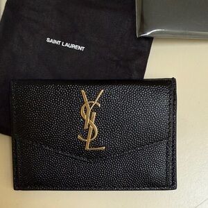 Saint Laurent Textured Black Card Holder with Gold Logo